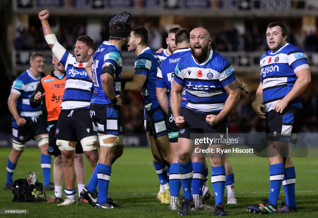Tom Rugby Bath Tom Dunn of Bath Rugby celebrates as Referee Tom Foley awards their ...