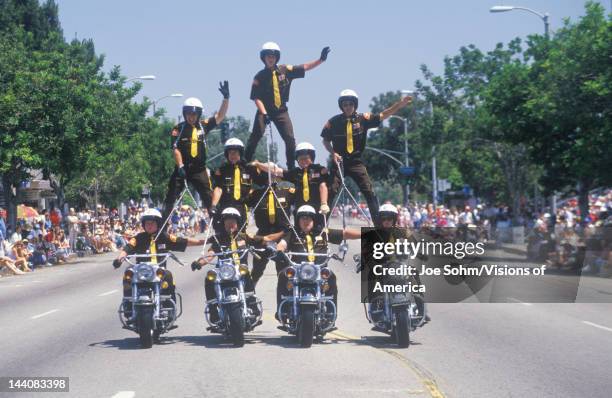 Motorcycle Police in Pyramid in July 4th Parade, Pacific Palisades, California