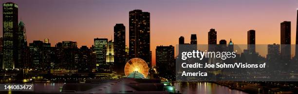 This is Navy Pier and the skyline at sunset during summer, The Ferris wheel on Navy Pier is to the right of center in front of the Lake Point Tower...