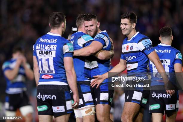 Will Butt of Bath Rugby, scorer of the match-winning try, celebrates their side's win with teammates after the final whistle of the Gallagher...