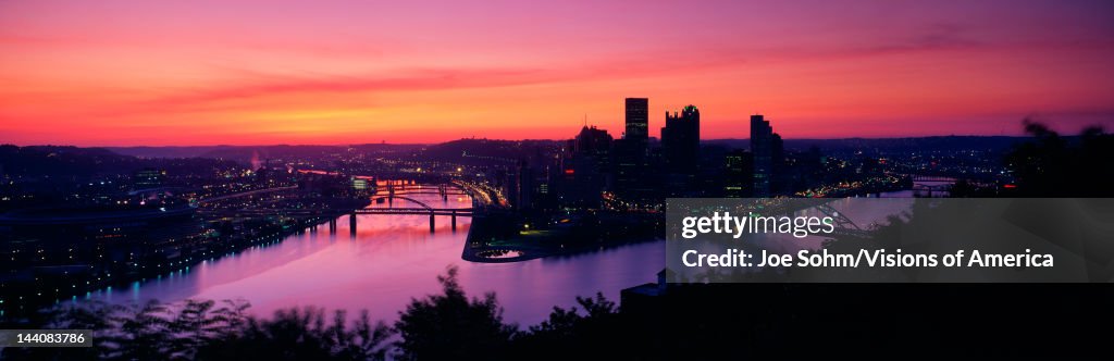 This is sunrise on the Allegheny and Monongahela Rivers where they meet the Ohio River. This is the view from Mount Washington.