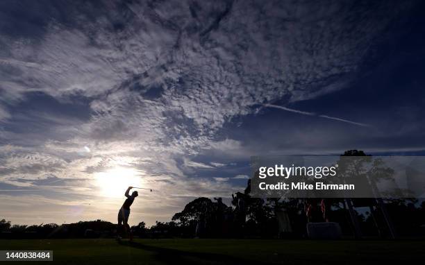 Hannah Green of Australia plays her shot from the ninth tee during the first round of the Pelican Women's Championship at Pelican Golf Club on...