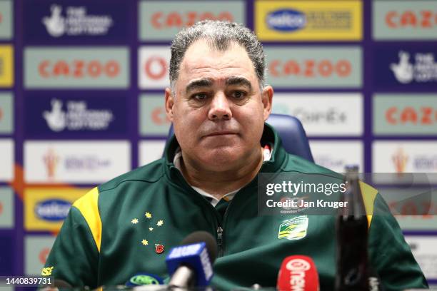 Mal Meninga, Head Coach of Australia is interviewed following the Rugby League World Cup Semi-Final match between Australia and New Zealand at Elland...