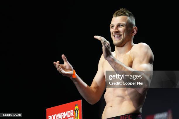 Dan Hooker of New Zealand poses on the scale during the UFC 281 ceremonial weigh-in at Radio City Music Hall on November 11, 2022 in New York City.