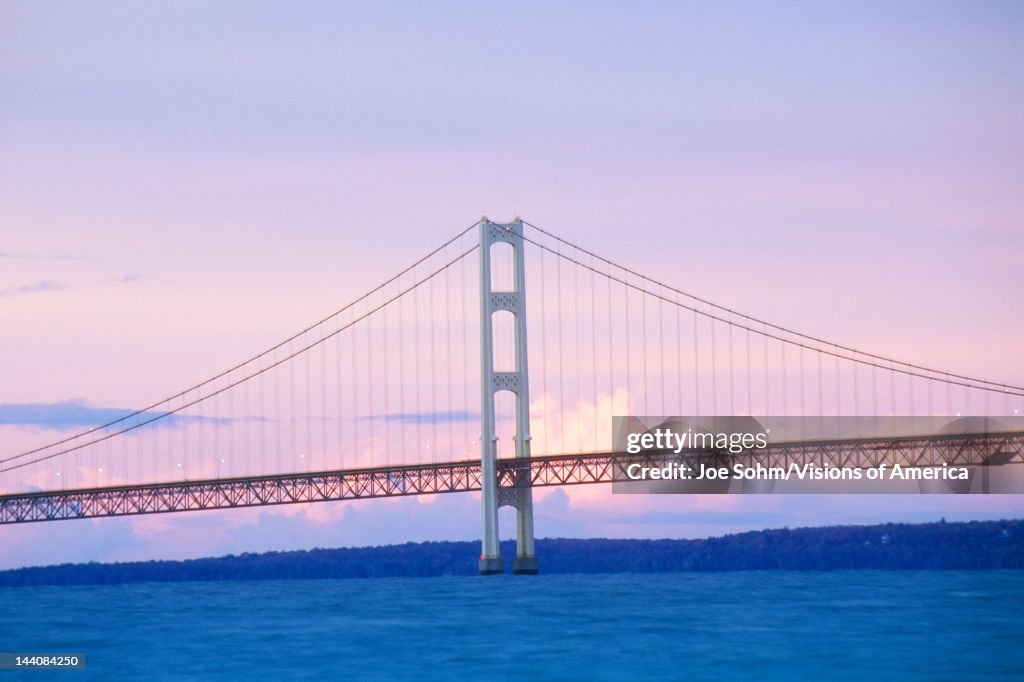 The Mackinac Bridge at dusk in upper peninsula Michigan