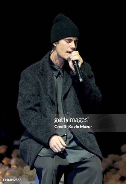 Justin Bieber performs onstage during Takeoff's Celebration of Life at State Farm Arena on November 11, 2022 in Atlanta, Georgia.