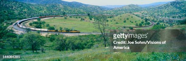 The Tehachapi Train Loop near Tehachapi California is the historic location of the Southern Pacific Railroad where freight trains gain 77 feet in...