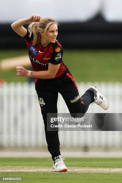 Sophie Molineux of the Renegades bowls during the Women's Big Bash League match between the Melbourne Renegades and the Perth Scorchers at CitiPower...