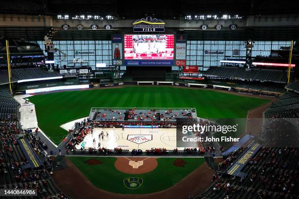 General view of the court before the Brew City Battle game between the Wisconsin Badgers and Stanford Cardinals at American Family Field on November...