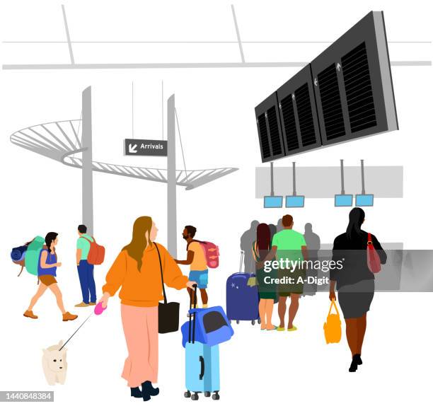 arrival terminal crowd trendy dog mom - passenger stock illustrations