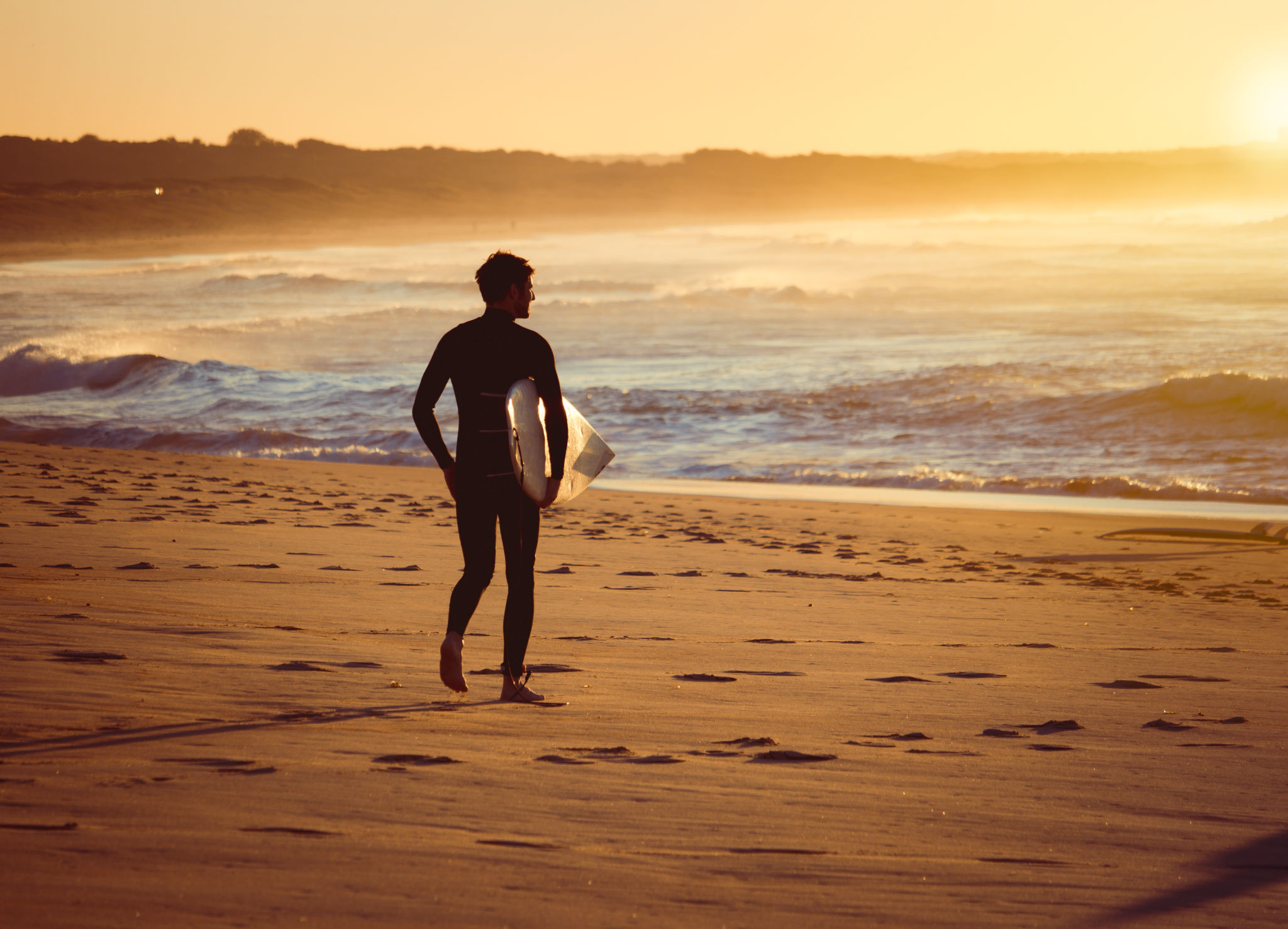 Surfer walking observing the surf on a beach at sunrise Surfer walking observing the surf on a beach at sunrise