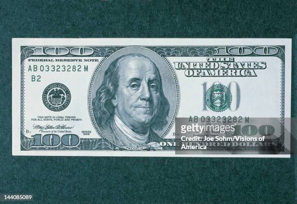 This is the front side of the new 100 dollar bill, It shows the new, larger portrait of Ben Franklin in the center.