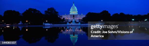 This is the US Capitol set in front of the Capitol reflecting pool at sunset, The image of the US Capitol is reflected in the reflecting pool.