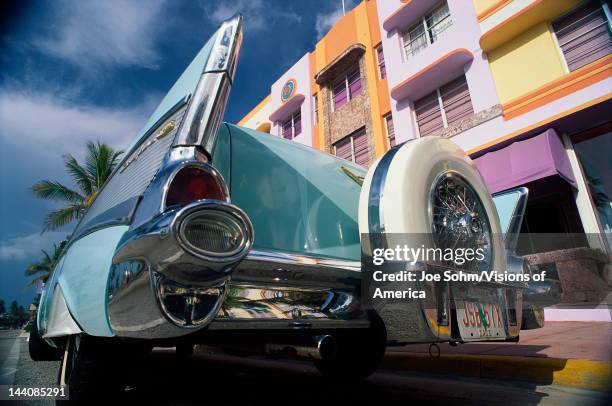 This is the art deco district with a 1957 Chevrolet parked in front of a building, This area is also known as SOBE which stands for South Beach Miami.