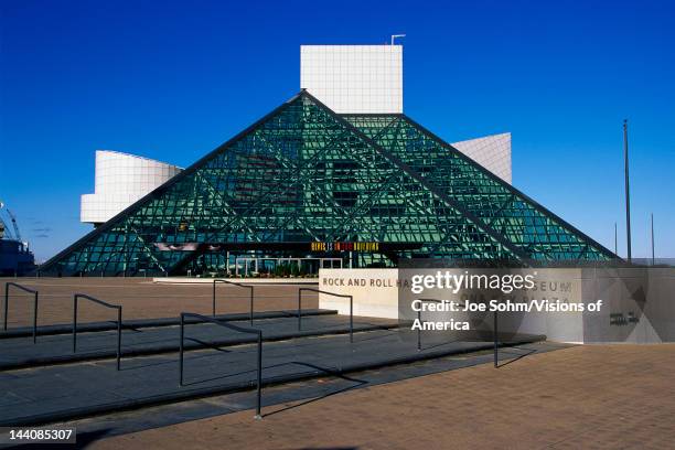 This is the Rock & Roll Hall of Fame and Museum at One Key Plaza, It shows the glass pyramid architecture.