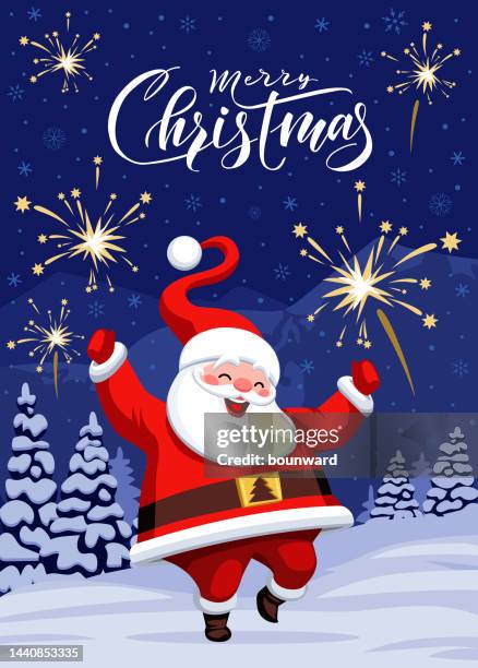 happy santa claus with fireworks background - santa waving stock illustrations