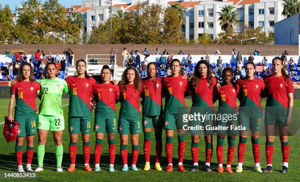 Portugal players during the National anthem before the start of the Women's International Friendly match between Portugal and Haiti at Estadio...