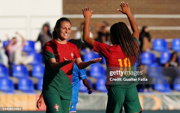 Vanessa Marques of Portugal celebrates with teammate Jessica Silva of Portugal after scoring a goal during the Women's International Friendly match...