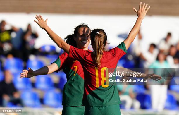 Vanessa Marques of Portugal celebrates with teammate Carolina Mendes of Portugal after scoring a goal during the Women's International Friendly match...