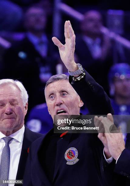 Former Toronto Maple Leaf Borje Salming returns to the ice for a pregame ceremony prior to the game between the Toronto Maple Leafs and the...