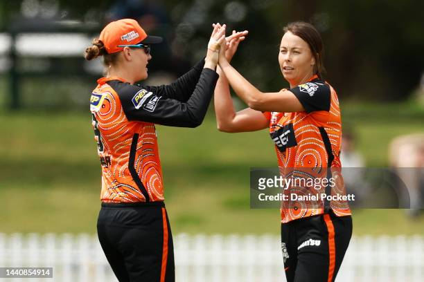 Piepa Cleary of the Scorchers celebrates the dismissal of Sophie Molineux of the Renegades during the Women's Big Bash League match between the...