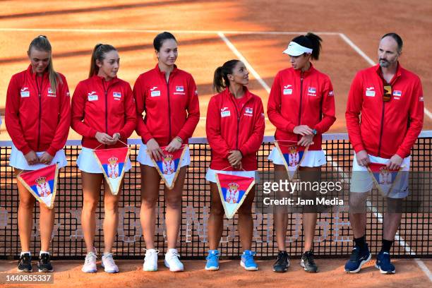 Team Serbia line up prior a game between Renata Zarazua of Mexico and Olga Danilovic of Serbia as part of day one of the Billie Jean King Cup...