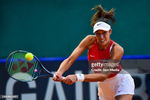 Olga Danilovic of Serbia plays a backhand during a game against Renata Zarazua of Mexico as part of day one of the Billie Jean King Cup Play-Offs...