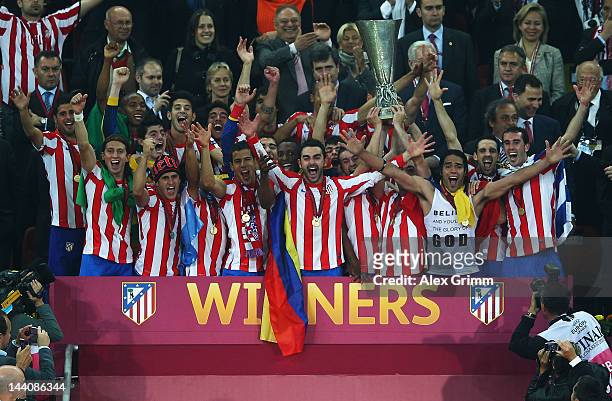 The Atletico Madrid players celebrate with the trophy at the end of the UEFA Europa League Final between Atletico Madrid and Athletic Bilbao at the...