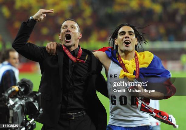 Radamel Falcao of Atletico Madrid celebrates with Coach Diego Simeone at the end of the UEFA Europa League Final between Atletico Madrid and Athletic...