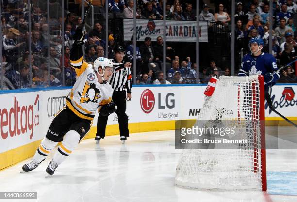 Brock McGinn of the Pittsburgh Penguins scores the game winning goal at 1:54 of the third period against the Toronto Maple Leafs at the Scotiabank...