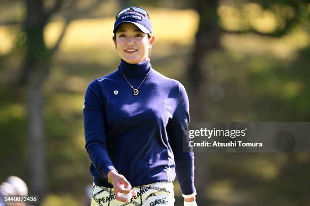 Erika Hara of Japan smiles on the 8th green during the second round of the Ito-En Ladies at Great Island Club on November 12, 2022 in Chonan, Chiba,...