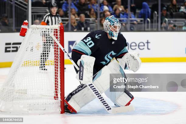 Martin Jones of the Seattle Kraken tends net during the first period against the Minnesota Wild at Climate Pledge Arena on November 11, 2022 in...