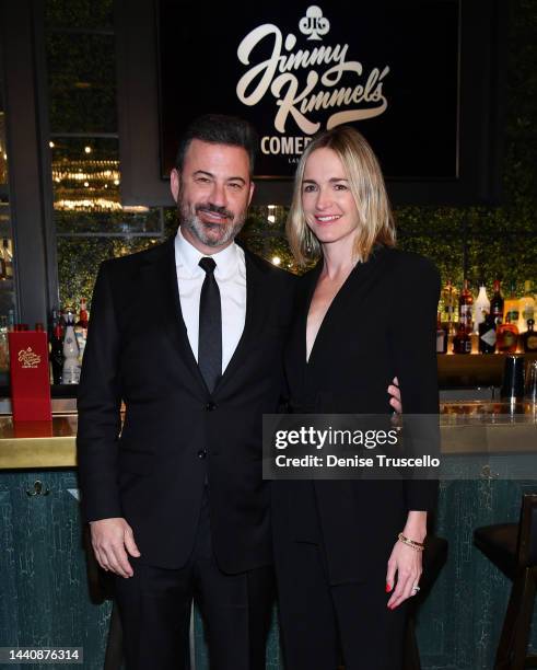 Jimmy Kimmel and Molly McNearney pose for a photo at Jimmy Kimmel's Comedy Club at The LINQ Promenade on November 11, 2022 in Las Vegas, Nevada.