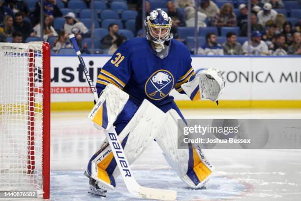 Eric Comrie of the Buffalo Sabres during the second period of an NHL hockey game against the Vegas Golden Knights at KeyBank Center on November 10,...