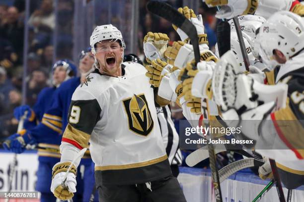Jack Eichel of the Vegas Golden Knights celebrates with teammates after his goal during the third period of an NHL hockey game against the Buffalo...