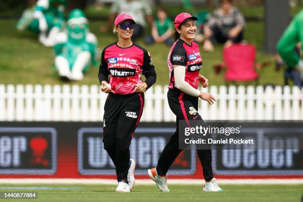 Ashleigh Gardner of the Sixers celebrates after taking a catch to dismiss Lauren Winfield-Hill of the Stars during the Women's Big Bash League match...