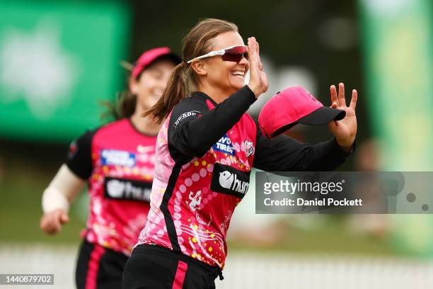 Suzie Bates of the Sixers celebrates after taking a catch to dismiss Alice Capsey of the Stars during the Women's Big Bash League match between the...