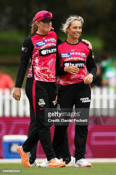 Ashleigh Gardner of the Sixers celebrates the dismissal of Nicole Faltum of the Stars during the Women's Big Bash League match between the Melbourne...