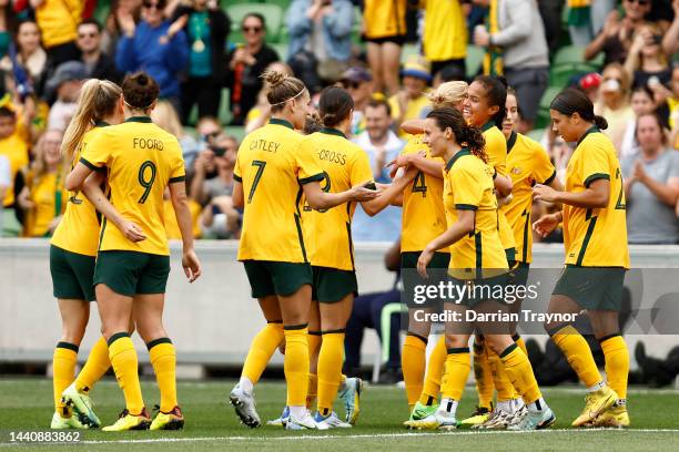 Mary Fowler of the Matildas celebrates a goal during the International friendly match between the Australia Matildas and Sweden at AAMI Park on...