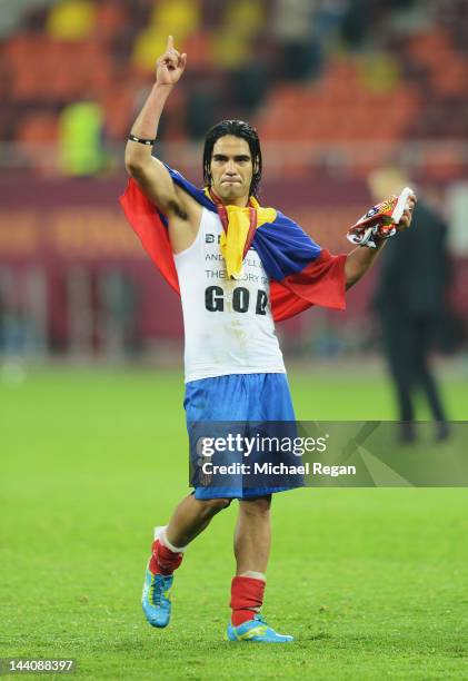 Radamel Falcao of Atletico Madrid celebrates at the end of the UEFA Europa League Final between Atletico Madrid and Athletic Bilbao at the National...