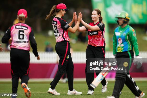 Lauren Cheatle of the Sixers celebrates the dismissal of Sasha Moloney of the Stars during the Women's Big Bash League match between the Melbourne...
