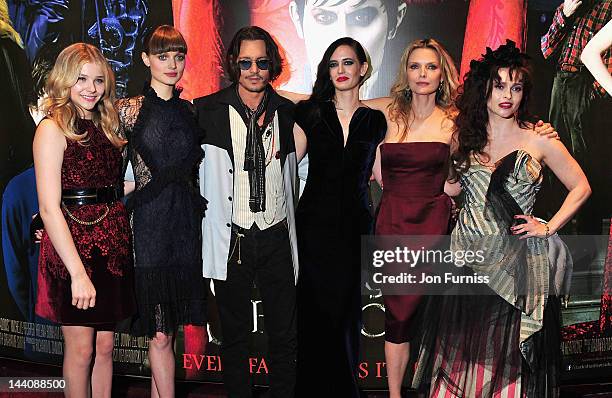 Actors Chloe Moretz, Bella Heathcote, Johnny Depp, Eva Green, Michelle Pfeiffer and Helena Bonham Carter attend the "Dark Shadows" European film...