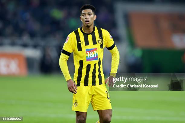 Jude Bellingham of Dortmund looks on during the Bundesliga match between Borussia Mönchengladbach and Borussia Dortmund at Borussia-Park on November...