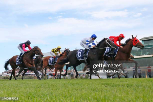 Sam Clipperton on Pierossa wins race 7 the New Zealand Bloodstock 3YO NJC Spring Stakes during Sydney Racing at on November 12, 2022 in Newcastle,...