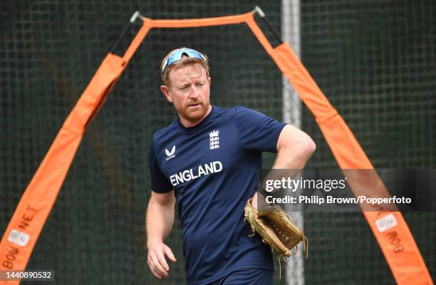 Paul Collingwood of England looks on after being hit in the head by a ball during a training session ahead of the ICC Men's T20 World Cup match...