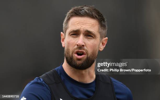 Chris Woakes of England looks on during a training session ahead of the ICC Men's T20 World Cup match between Pakistan and England at Melbourne...