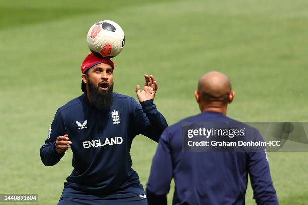 Adil Rashid of England plays football during a training session ahead of the ICC Men's T20 World Cup match between Pakistan and England at Melbourne...