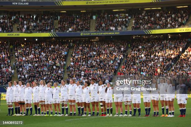 The England team stands for the national anthem during the Rugby World Cup 2021 Final match between England and New Zealand at Eden Park, on November...