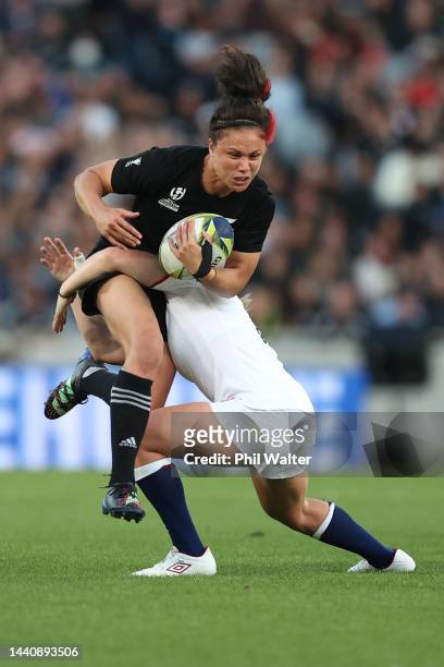 Ruby Tui of New Zealand is tackled during the Rugby World Cup 2021 Final match between New Zealand and England at Eden Park on November 12 in...