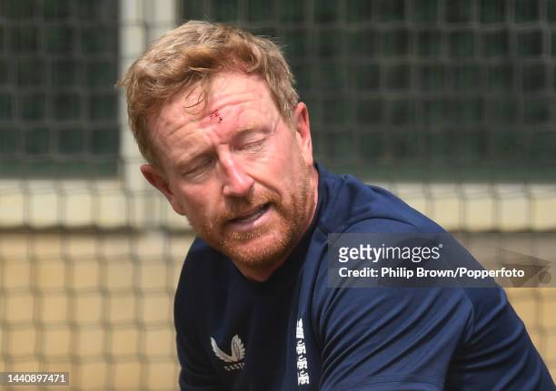 Paul Collingwood of England looks on after being hit in the forehead by a ball during a training session ahead of the ICC Men's T20 World Cup match...